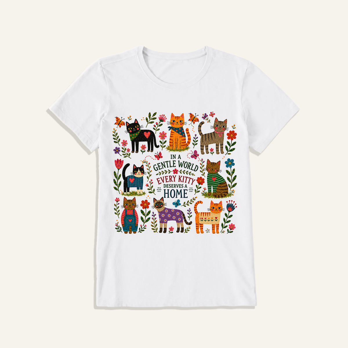 Gentle World Kitty Garden Print Crew Neck Cotton Tee