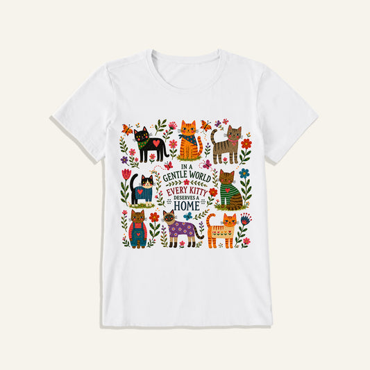 Gentle World Kitty Garden Print Crew Neck Cotton Tee