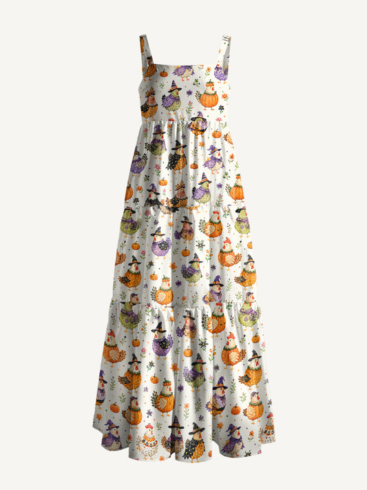 Cute Whimsical Chicken Colorful Print Wide Straps Maxi Dress With Pockets
