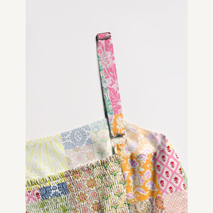 Colorful Bohemian Patchwork Print Wide Straps Maxi Dress With Pockets