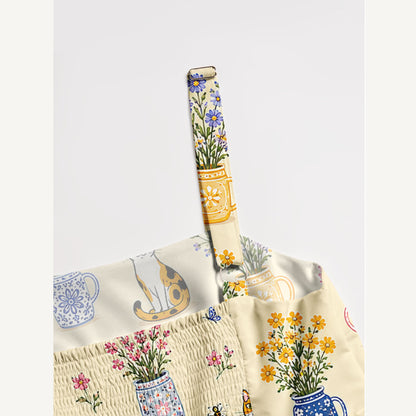 Vintage Floral Cats Print Wide Straps Maxi Dress With Pockets