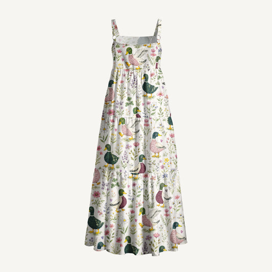 Watercolor Duck Print Wide Straps Maxi Dress With Pockets