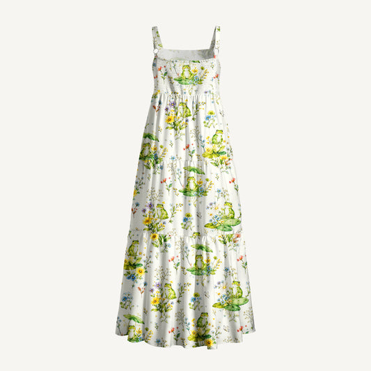 Pond Frog Garden Print Wide Straps Maxi Dress With Pockets