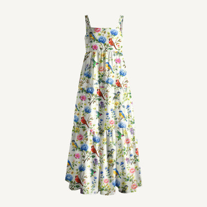 Pastel Chicken Garden Print Wide Straps Maxi Dress With Pockets