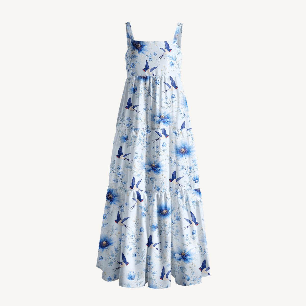 Whispers of Blue Swallows Print Wide Straps Maxi Dress With Pockets