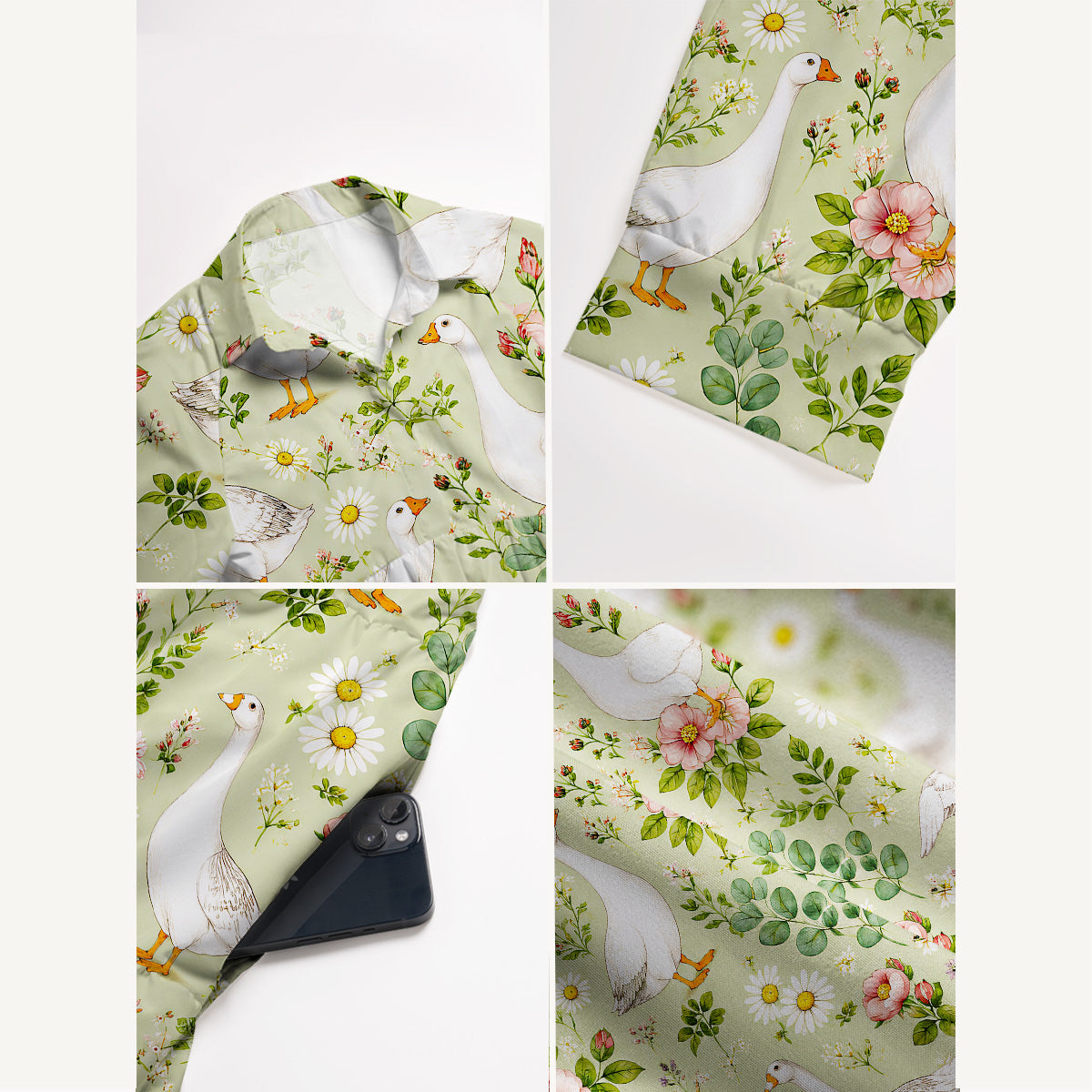 Pastoral Goose Garden Print Casual Midi Dress With Pockets