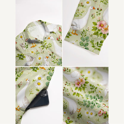 Pastoral Goose Garden Print Casual Midi Dress With Pockets