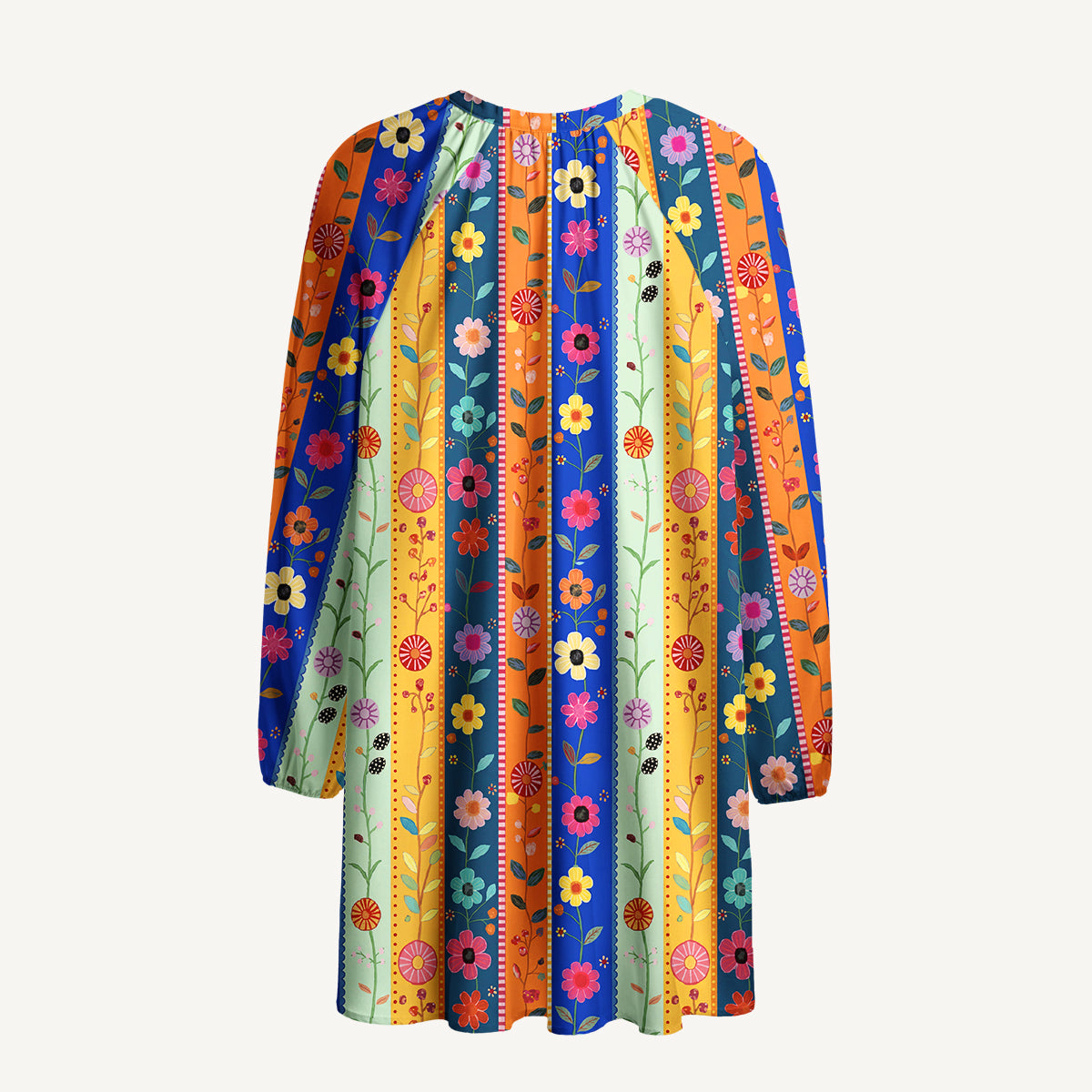 Rainbow Garden Colorblock Print Boho Long Sleeve Tie‑Neck Smock Mini Dress