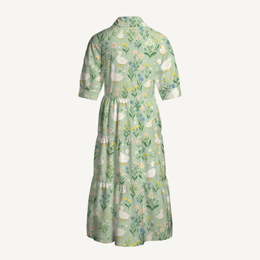 Country Duck & Bloom Print Casual Midi Dress With Pockets