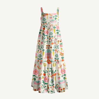 Cottage Garden Print Wide Straps Maxi Dress With Pockets