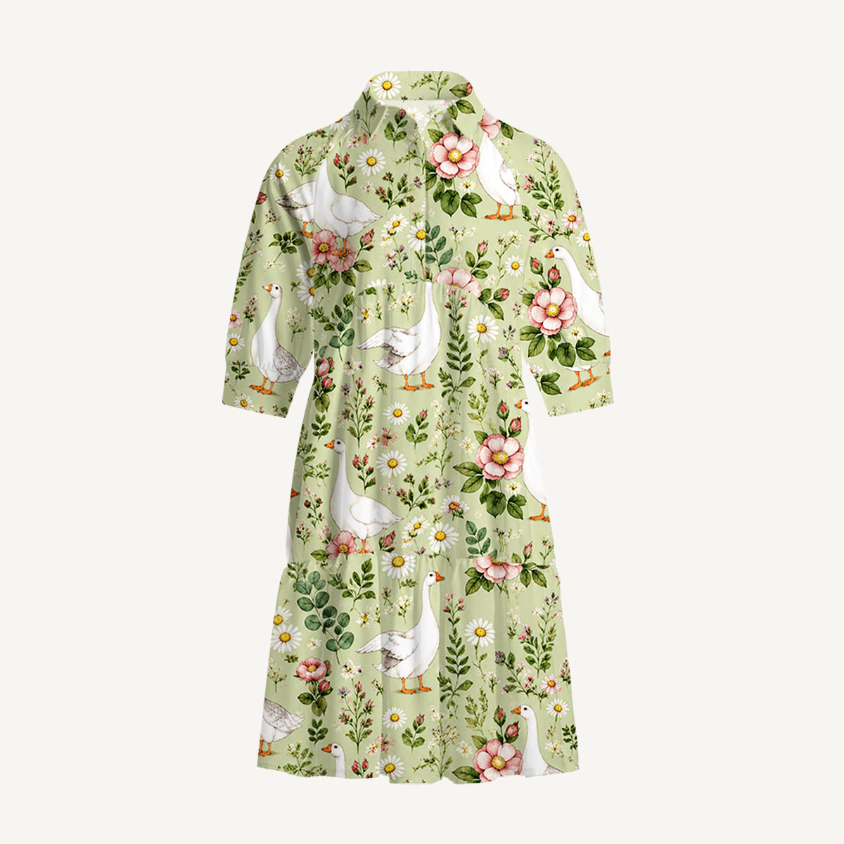 V Neck Collared Pastoral Goose Garden Mini Dress For Women With Pockets