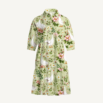 V Neck Collared Pastoral Goose Garden Mini Dress For Women With Pockets