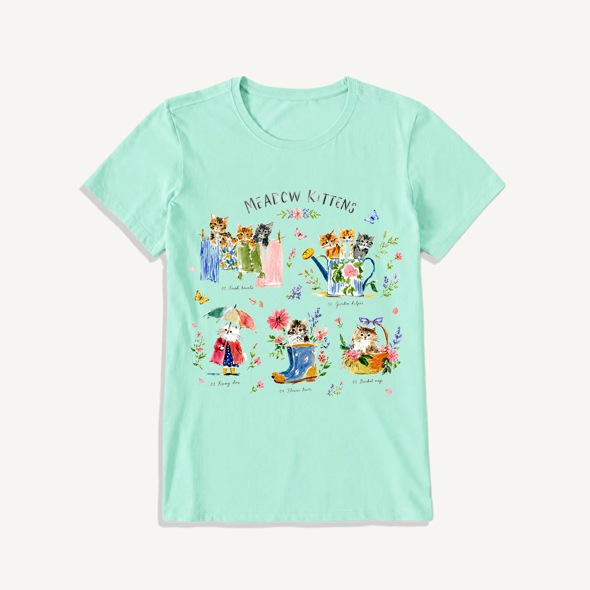 Watercolor Meadow Kittens Guide Print Crew Neck Cotton Tee