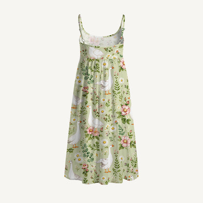 Pastoral Goose Garden Print Spaghetti Strap Mini Dress