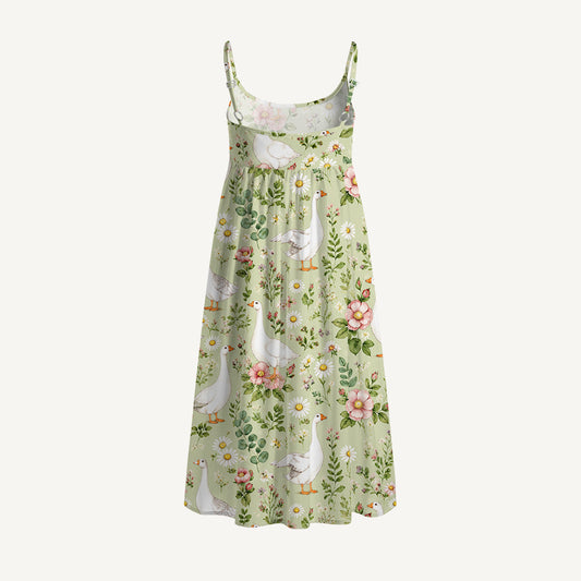 Pastoral Goose Garden Print Spaghetti Strap Mini Dress