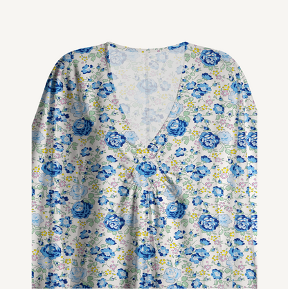 V‑Neck Blue Rose Floral Kimono Sleeve Kaftan Dress