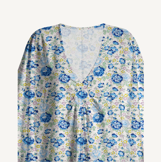V‑Neck Blue Rose Floral Kimono Sleeve Kaftan Dress