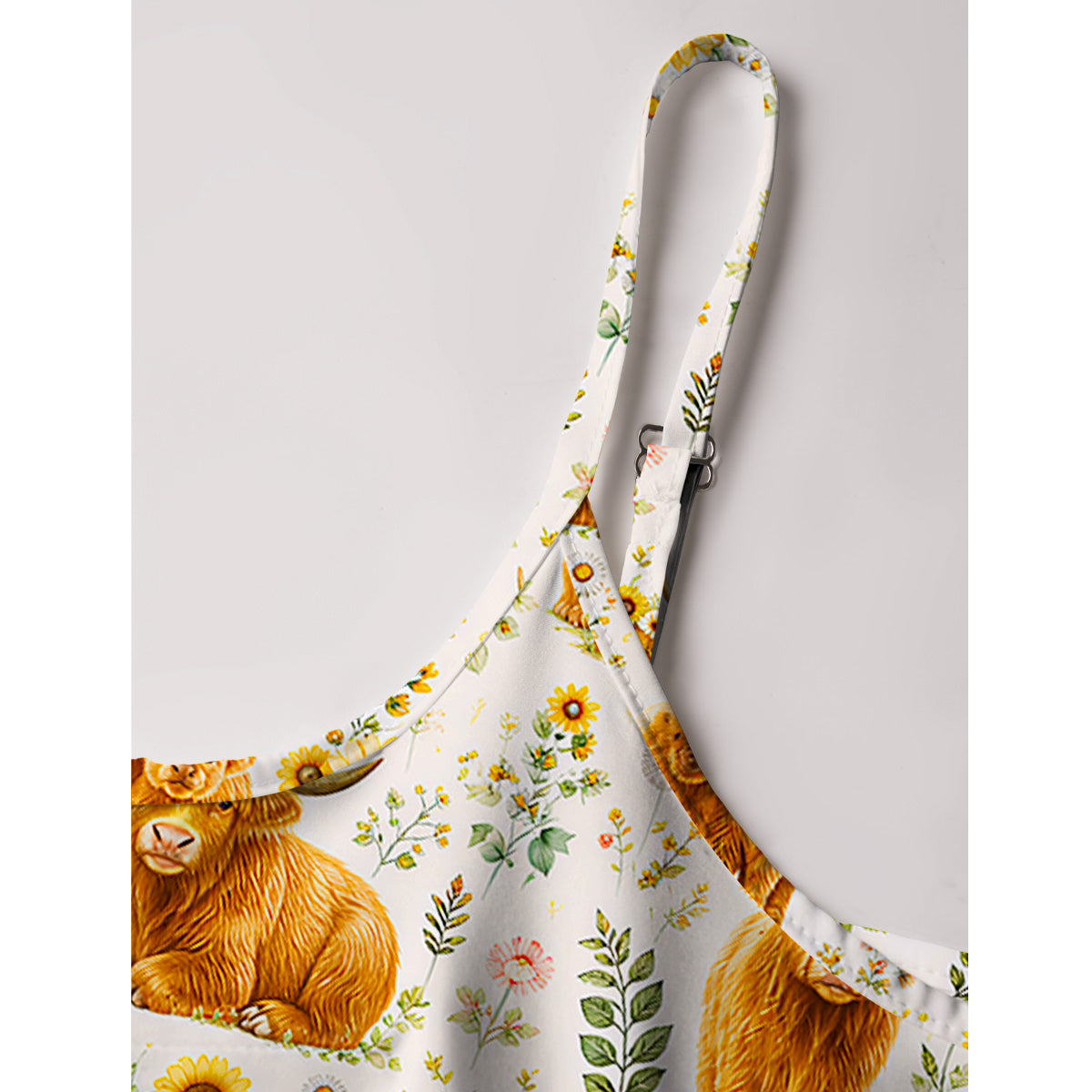 Spring Highland Cow Floral Print Spaghetti Strap Mini Dress