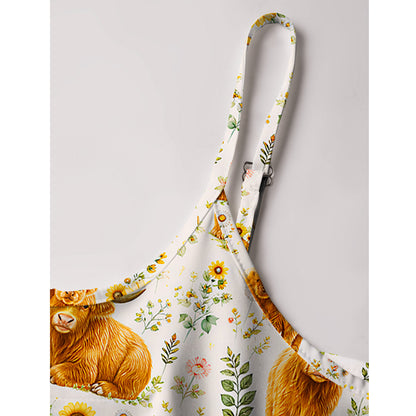 Spring Highland Cow Floral Print Spaghetti Strap Mini Dress