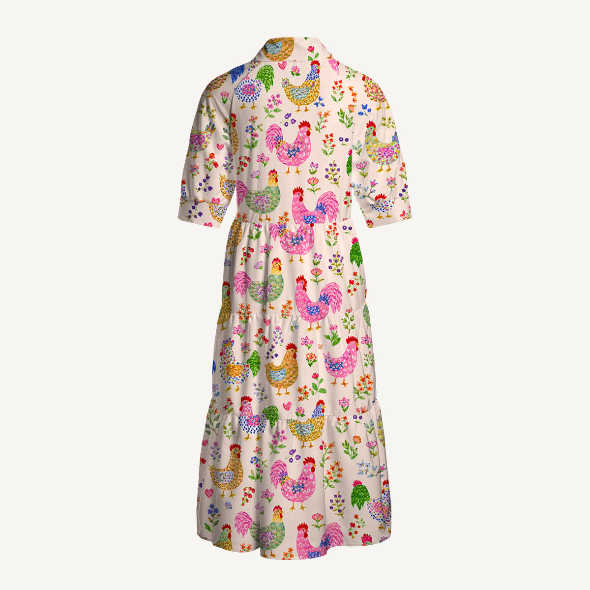 Colorful Farm Chickens Print Casual Midi Dress With Pockets