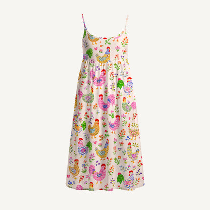 Colorful Farm Chickens Print Spaghetti Strap Mini Dress