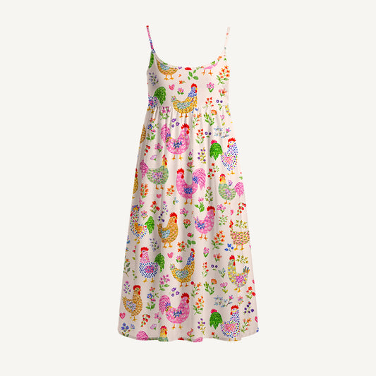 Colorful Farm Chickens Print Spaghetti Strap Mini Dress