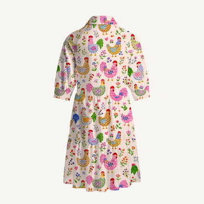V Neck Collared Colorful Farm Chickens Mini Dress For Women With Pockets