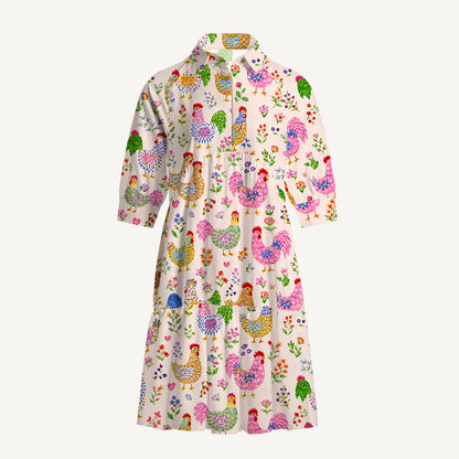 V Neck Collared Colorful Farm Chickens Mini Dress For Women With Pockets