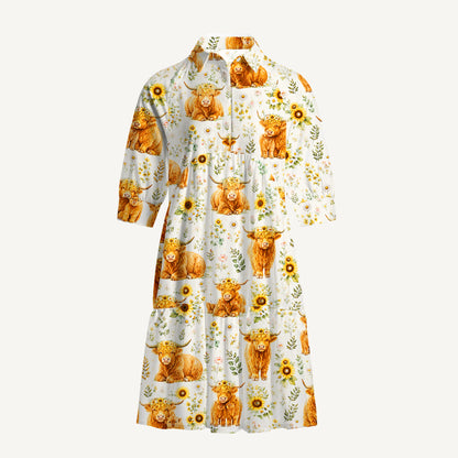 V Neck Collared Spring Highland Cow Mini Dress For Women With Pockets