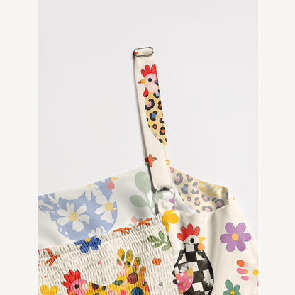 Funky Retro Chicken Print Wide Straps Maxi Dress With Pockets