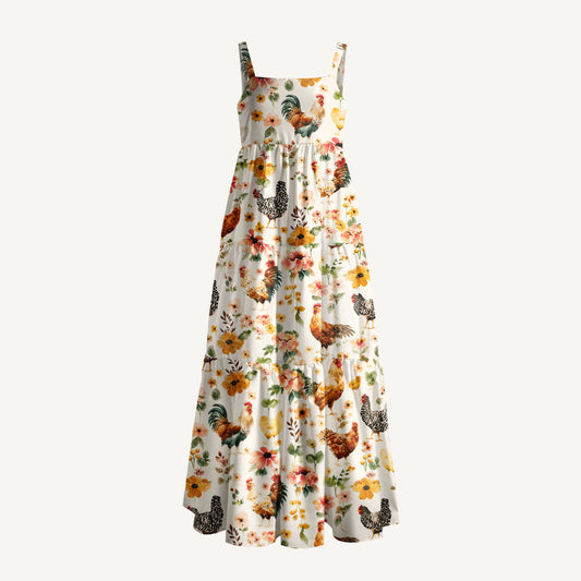 Watercolor Chicken Floral Print Wide Straps Maxi Dress With Pockets
