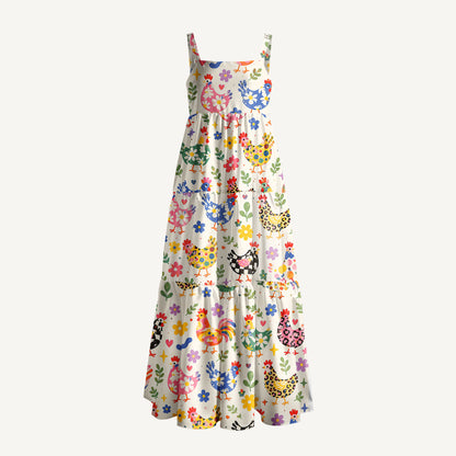 Funky Retro Chicken Print Wide Straps Maxi Dress With Pockets