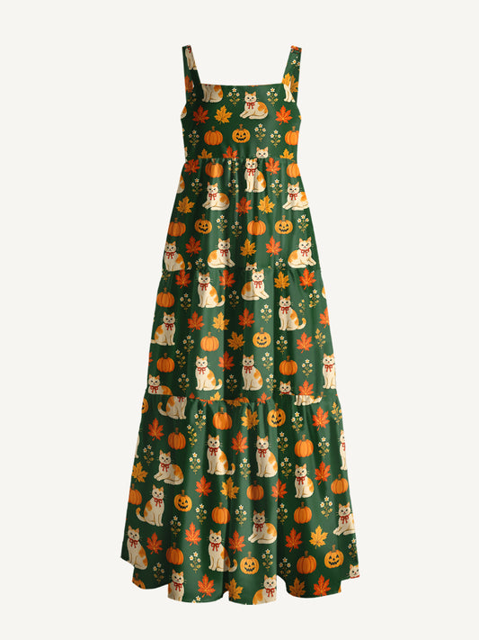 Pumpkin Patch Whiskers Print Wide Straps Maxi Dress With Pockets