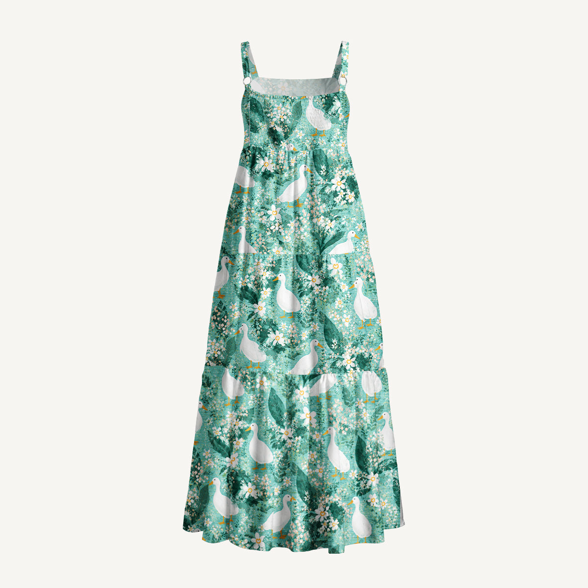 Farmhouse Ducks Print Wide Straps Maxi Dress With Pockets