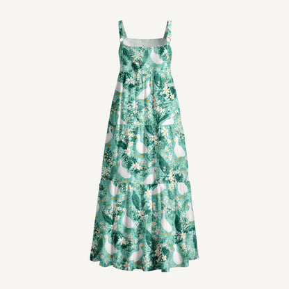 Farmhouse Ducks Print Wide Straps Maxi Dress With Pockets