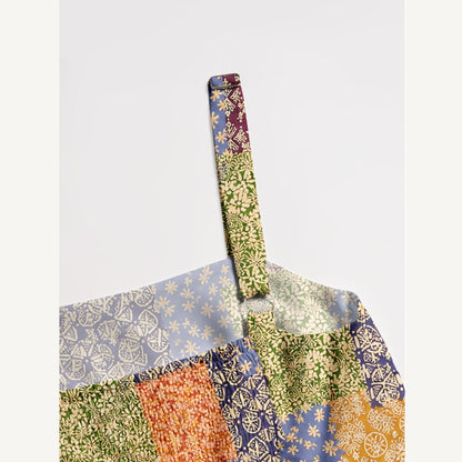 Vintage Patchwork Print Wide Straps Maxi Dress With Pockets