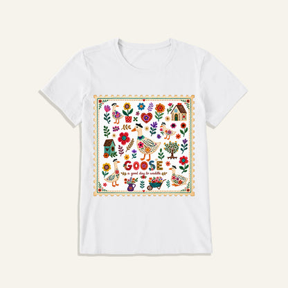 Floral Goose Garden Print Crew Neck Cotton Tee