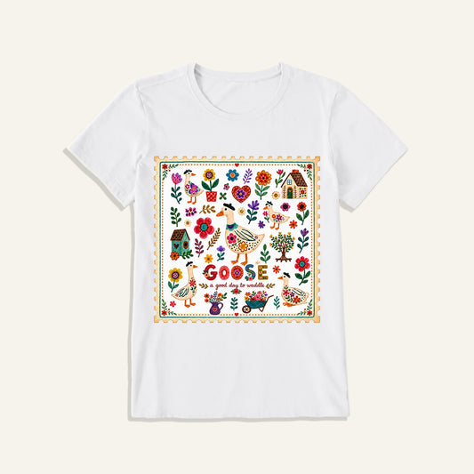Floral Goose Garden Print Crew Neck Cotton Tee