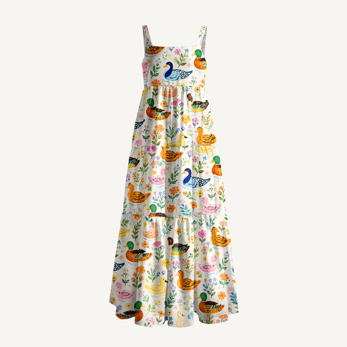 Colorful Duck Art Print Wide Straps Maxi Dress With Pockets