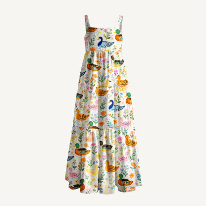 Colorful Duck Art Print Wide Straps Maxi Dress With Pockets