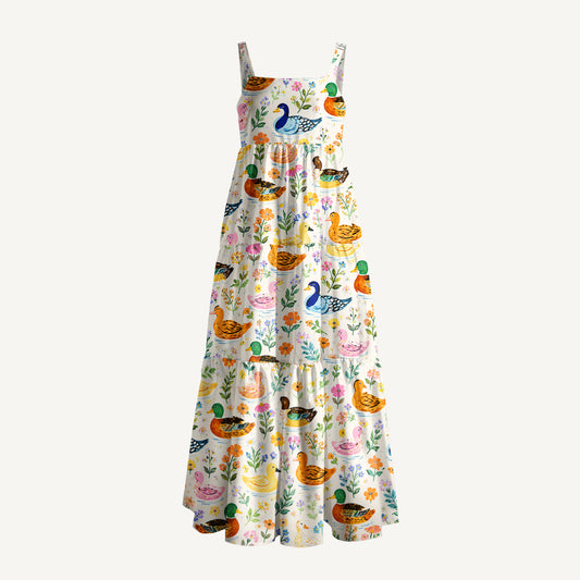 Colorful Duck Art Print Wide Straps Maxi Dress With Pockets