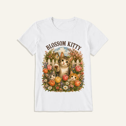 Blossom Kitty Cottage Print Crew Neck Cotton Tee