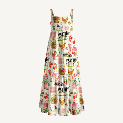Watercolor Pink Farm Chicken Cow Print Wide Straps Maxi Dress With Pockets