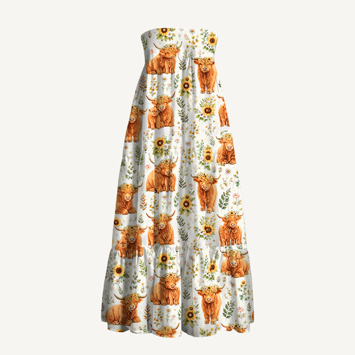 Spring Highland Cow Floral Print Convertible Maxi Skirt & Strapless Dress
