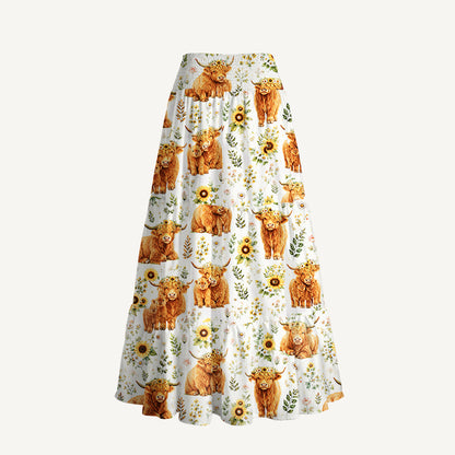 Spring Highland Cow Floral Print Convertible Maxi Skirt & Strapless Dress
