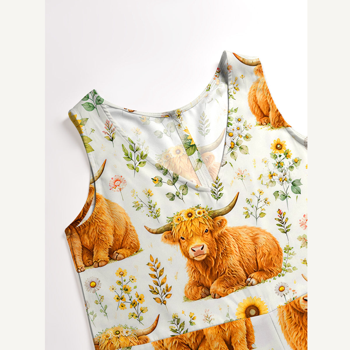 Spring Highland Cow Floral Print Jumpsuit with Pockets for Women