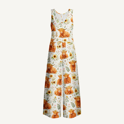 Spring Highland Cow Floral Print Jumpsuit with Pockets for Women