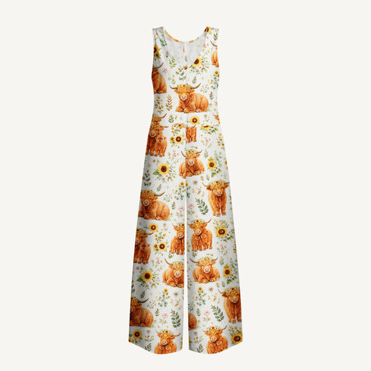 Spring Highland Cow Floral Print Jumpsuit with Pockets for Women