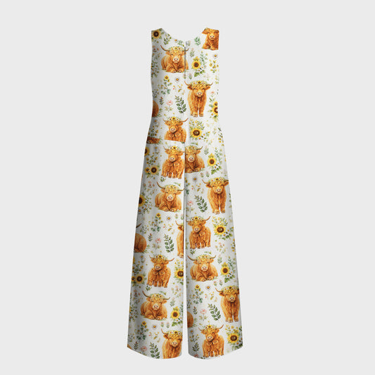 Spring Highland Cow Floral Print Jumpsuit with Pockets for Women