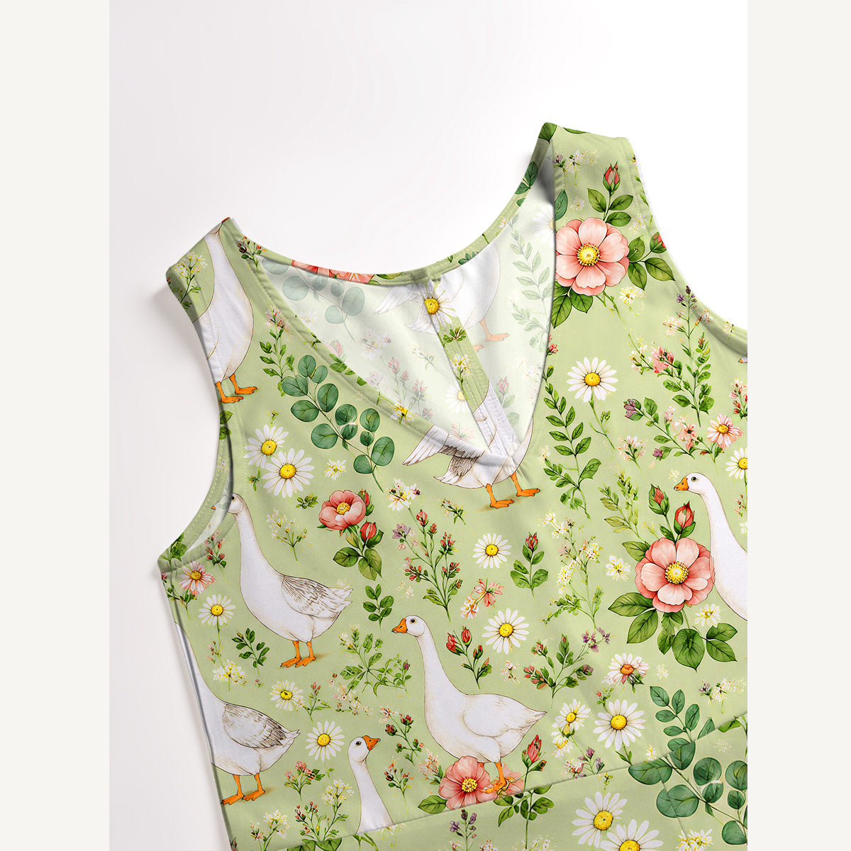 Pastoral Goose Garden Print Jumpsuit with Pockets for Women